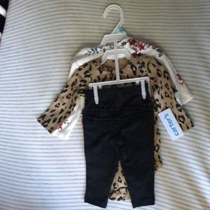 Carter’s 6 month set, black pants, animal print onesie, and floral onesie